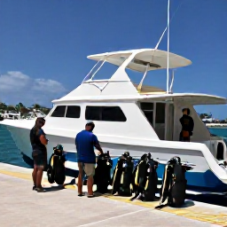Caribbean Holidays, Bahamas Diving, Friendly Bahamian dive instructors preparing scuba equipment beside a boat at a sunny island marina