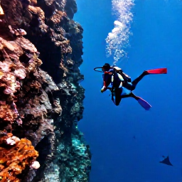 Caribbean Holidays, Bahamas Diving July, Divers descending beside a dramatic Bahamian wall with blue open ocean and rays below