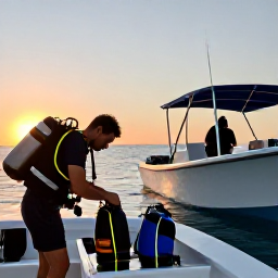 Caribbean Holidays, Bahamas Diving July, Scuba divers rinsing equipment beside a small boat at sunset after a day of diving in the Bahamas