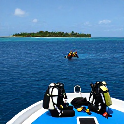 Caribbean Holidays, Bahamas Diving May, A dive boat travelling across calm blue sea towards a remote Bahamian island, with divers preparing their equipment