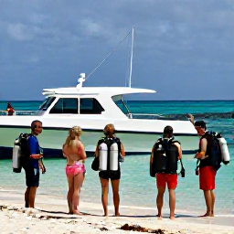 Caribbean Holidays, Bahamas Diving May, Friendly scuba instructors checking tanks and masks with holidaymakers beside a dive boat in The Bahamas