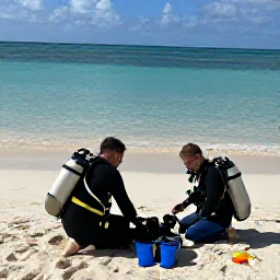 Caribbean Holidays, Bahamas Diving November, Scuba divers preparing equipment on a sunny beach beside calm Bahamian water