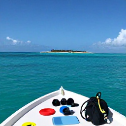 Caribbean Holidays, Bahamas Diving November, Small dive boat travelling across calm turquoise sea towards a Bahamian island, with scuba equipment on deck