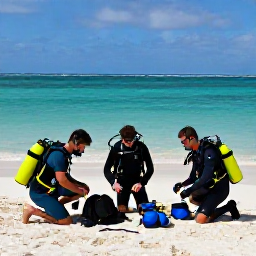 Caribbean Holidays, Bahamas Diving October, Friendly scuba divers preparing equipment on a Bahamian beach beside a clear turquoise sea
