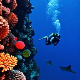 Caribbean Holidays, Bahamas Diving, Scuba diver descending beside a steep underwater wall, with bright coral, blue water and rays visible below