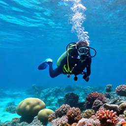 Caribbean Holidays, Bahamas Diving, Scuba diver exploring a colourful coral reef in clear turquoise Bahamian water during August