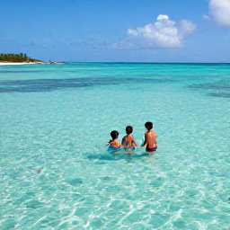 Caribbean Holidays, Bahamas Family Holidays, A family enjoying a calm turquoise lagoon in The Bahamas, with colourful snorkelling fish visible beneath the clear water