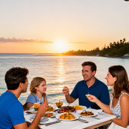 Caribbean Holidays, Bahamas Family Holidays, A family enjoying a sunset meal at a relaxed waterfront restaurant in The Bahamas, colourful local dishes, gentle sea and warm evening light