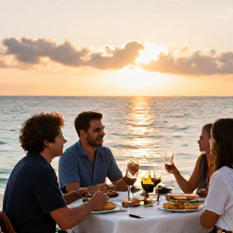 Caribbean Holidays, Bahamas Family Holidays, A family enjoying an informal outdoor dinner beside the sea at sunset in The Bahamas