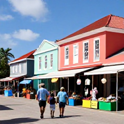 Caribbean Holidays, Bahamas Family Holidays, A family exploring Nassau in The Bahamas, walking past colourful colonial buildings and browsing a lively local market