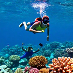 Caribbean Holidays, Bahamas Family Holidays, A family snorkelling over a colourful coral reef in clear Bahamian water with tropical fish visible below