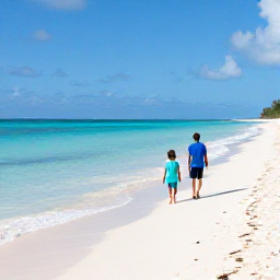 Caribbean Holidays, Bahamas Family Holidays, A family walking along a bright white beach beside clear turquoise water in The Bahamas in March, sunny Caribbean holiday scene