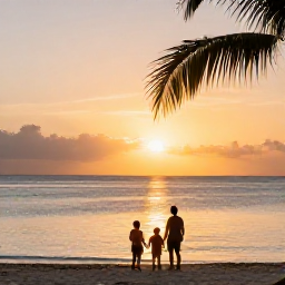 Caribbean Holidays, Bahamas Family Holidays, A family watching a golden sunset over the calm sea from a Bahamas beach, with soft evening light and palm silhouettes
