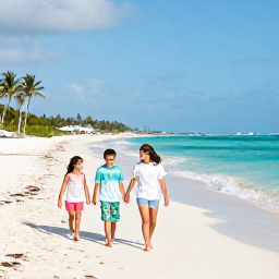 Caribbean Holidays, Bahamas Family Holidays, A happy family walking along a bright white sandy beach in Nassau, Bahamas, with calm turquoise sea and palm trees