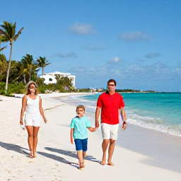 Caribbean Holidays, Bahamas Family Holidays, A happy family walking along a bright white sandy beach in Nassau, Bahamas, with turquoise sea and palm trees
