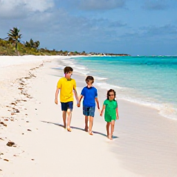 Caribbean Holidays, Bahamas Family Holidays, A happy family walking along a broad white-sand beach beside clear turquoise water in the Bahamas, bright natural light