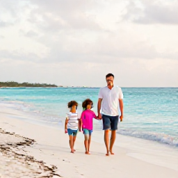 Caribbean Holidays, Bahamas Family Holidays, A happy family walking along a quiet white-sand beach in Nassau, The Bahamas, during September, with turquoise sea and soft morning light