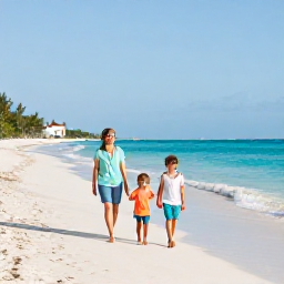 Caribbean Holidays, Bahamas Family Holidays, A happy family walking along a quiet white-sand beach in Nassau, The Bahamas, on a bright December morning