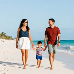 Caribbean Holidays, Bahamas Family Holidays, A happy family walking along a quiet white-sand beach in The Bahamas in warm November sunshine