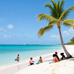Caribbean Holidays, Bahamas Family Holidays, A relaxed family scene on a bright white-sand beach in The Bahamas, with children paddling in shallow turquoise water and parents under a palm tree