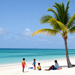 Caribbean Holidays, Bahamas Family Holidays, A relaxed family scene on a wide white-sand beach in The Bahamas, turquoise sea, children paddling and parents relaxing beneath a palm tree