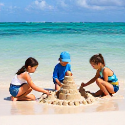 Caribbean Holidays, Bahamas Family Holidays, Children building a sandcastle beside clear shallow water on a family beach in The Bahamas