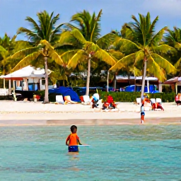 Caribbean Holidays, Bahamas Family Holidays, Children paddling in shallow clear water while parents relax beneath palm trees on a Bahamian beach