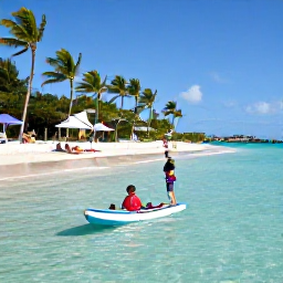 Caribbean Holidays, Bahamas Family Holidays, Children paddling in shallow clear water while parents relax on a sandy Bahamian beach with palm trees