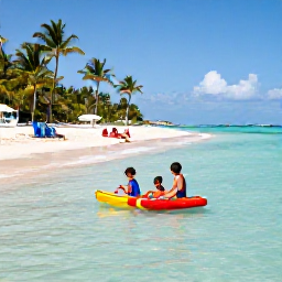 Caribbean Holidays, Bahamas Family Holidays, Children paddling in shallow crystal-clear sea while parents relax on a sandy Bahamian beach under palm trees
