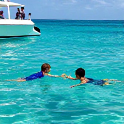 Caribbean Holidays, Bahamas Family Holidays, Children snorkelling in clear Bahamian water with colourful fish while parents watch nearby from a boat