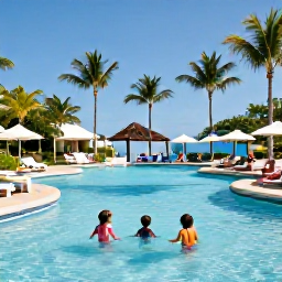 Caribbean Holidays, Bahamas Family Holidays, Comfortable family-friendly resort pool in the Bahamas with children playing and parents relaxing under palm trees