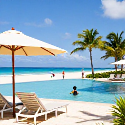 Caribbean Holidays, Bahamas Family Holidays, Comfortable family resort near a Bahamian beach with swimming pool, shaded loungers, palm trees and children playing safely nearby