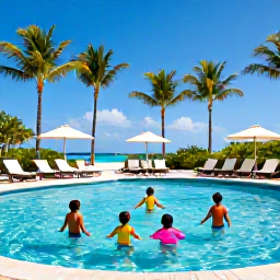 Caribbean Holidays, Bahamas Family Holidays, Family enjoying a comfortable beachfront resort pool in The Bahamas, with palm trees, sun loungers and children playing safely