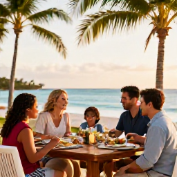 Caribbean Holidays, Bahamas Family Holidays, Family enjoying a festive beachside meal with palm trees and warm evening light in The Bahamas