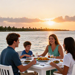Caribbean Holidays, Bahamas Family Holidays, Family enjoying an outdoor Bahamian meal at a relaxed waterfront restaurant at sunset