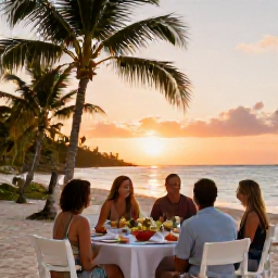 Caribbean Holidays, Bahamas Family Holidays, Family enjoying an outdoor beachfront dinner at sunset in the Bahamas, with palm trees and a relaxed island atmosphere