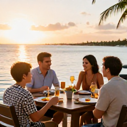 Caribbean Holidays, Bahamas Family Holidays, Family enjoying an outdoor dinner at a casual waterfront restaurant in the Bahamas at sunset