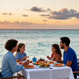 Caribbean Holidays, Bahamas Family Holidays, Family enjoying an outdoor dinner beside the sea in the Bahamas at sunset, with colourful local food on the table