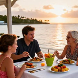 Caribbean Holidays, Bahamas Family Holidays, Family enjoying an outdoor waterfront restaurant meal at sunset in the Bahamas, with colourful local dishes on the table