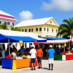 Caribbean Holidays, Bahamas Family Holidays, Family exploring a colourful Bahamian market in Nassau, friendly local stalls, tropical produce and colonial buildings in the background