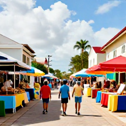 Caribbean Holidays, Bahamas Family Holidays, Family exploring a colourful market and historic colonial streets in Nassau, Bahamas, in warm August sunshine