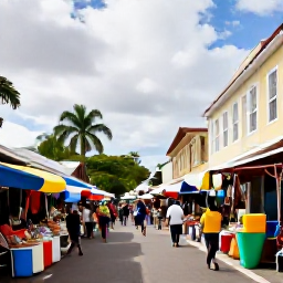 Caribbean Holidays, Bahamas Family Holidays, Family exploring a colourful market and historic streets in Nassau, The Bahamas, with colonial buildings and tropical surroundings