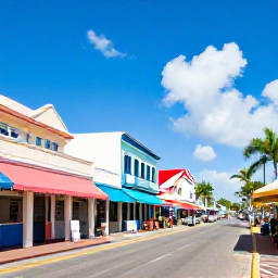 Caribbean Holidays, Bahamas Family Holidays, Family exploring colourful streets and historic buildings in Nassau, Bahamas, with local shops and palm trees