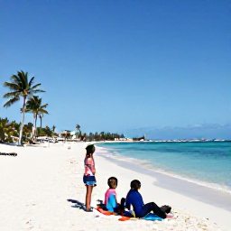 Caribbean Holidays, Bahamas Family Holidays, Family relaxing on a bright white-sand beach in Nassau, The Bahamas, with calm turquoise water and palm trees