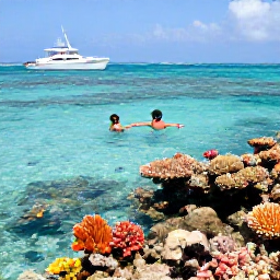 Caribbean Holidays, Bahamas Family Holidays, Family snorkelling in clear shallow Bahamian water above a colourful coral reef, tropical fish visible beneath them and a boat nearby