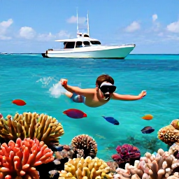 Caribbean Holidays, Bahamas Family Holidays, Family snorkelling over colourful coral and tropical fish in clear Bahamian water with a small boat nearby