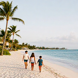 Caribbean Holidays, Bahamas Family Holidays, Family walking along a quiet white-sand beach near Nassau, palm trees, calm blue sea and warm afternoon light