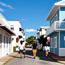 Caribbean Holidays, Bahamas Family Holidays, Family walking through a colourful historic street in Nassau, The Bahamas, with colonial buildings and sunny skies