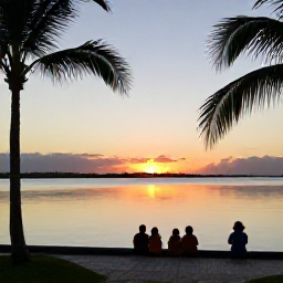 Caribbean Holidays, Bahamas Family Holidays, Family watching a colourful Bahamian sunset beside calm turquoise water, palm silhouettes and peaceful evening atmosphere