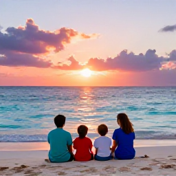 Caribbean Holidays, Bahamas Family Holidays, Family watching a colourful sunset over the turquoise sea from a quiet Bahamian beach, relaxed holiday atmosphere